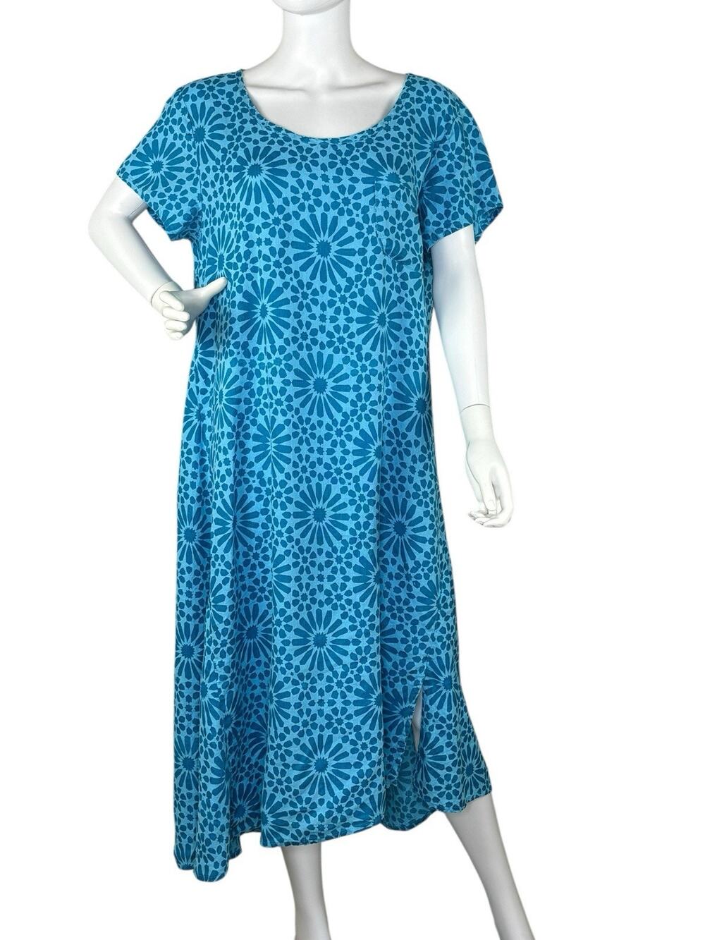 Flax Midi Shift Dress 100% Linen Stretched Top Asymmetrical Floral Blue Size M